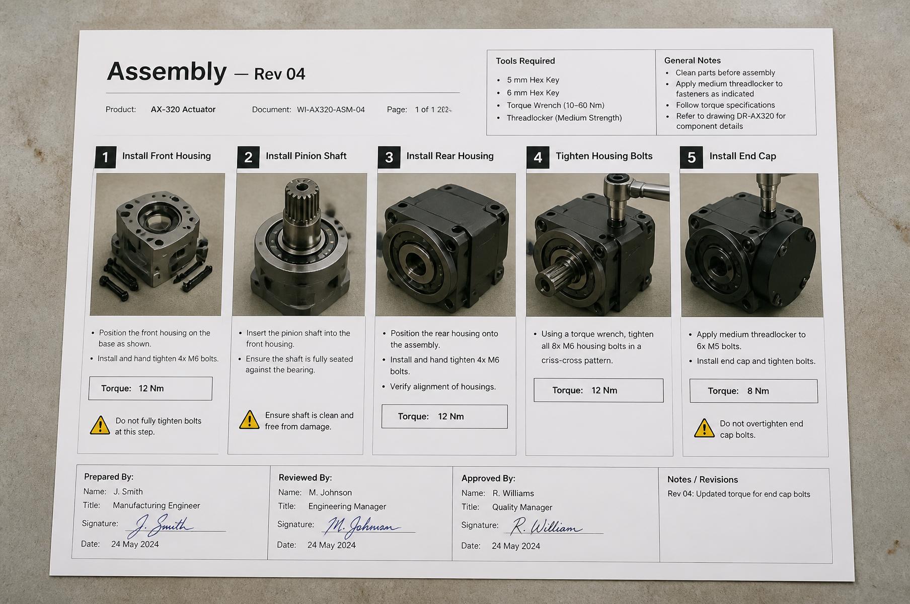 A revision-controlled HEKA work instruction printed as an A4 sheet for the shop floor
